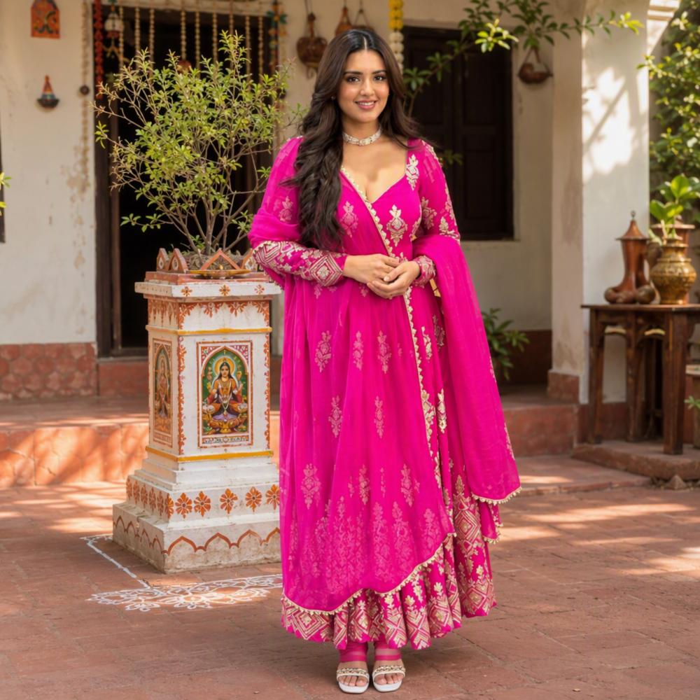 Heavy Georgette Embroidered Women's Gown Set with Dupatta and Pant