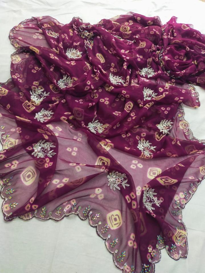 Pure Georgette Fancy Bandhej Saree with Multi Dye and Hand Work Border