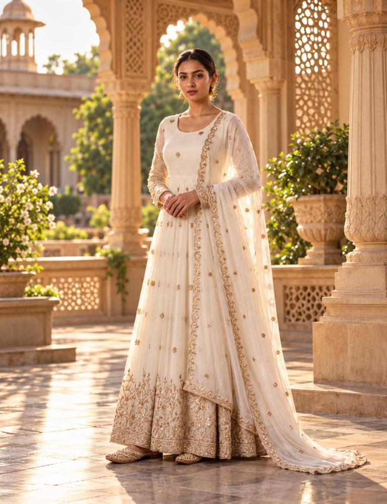 Women's Pure Vicitra Silk Embroidered Gown Set With Dupatta