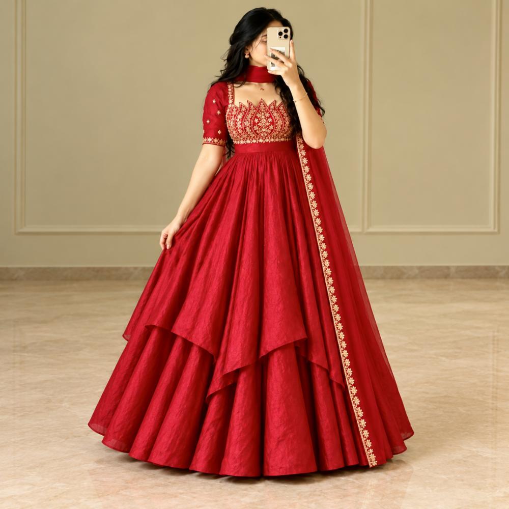 Fandy Crush Silk Embroidered Gown with Dupatta and Bottom