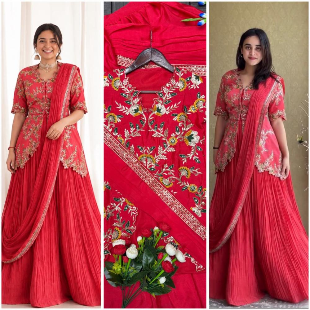 Chinon Embroidery Sequence Work Lehenga Choli with Jacket and Dupatta