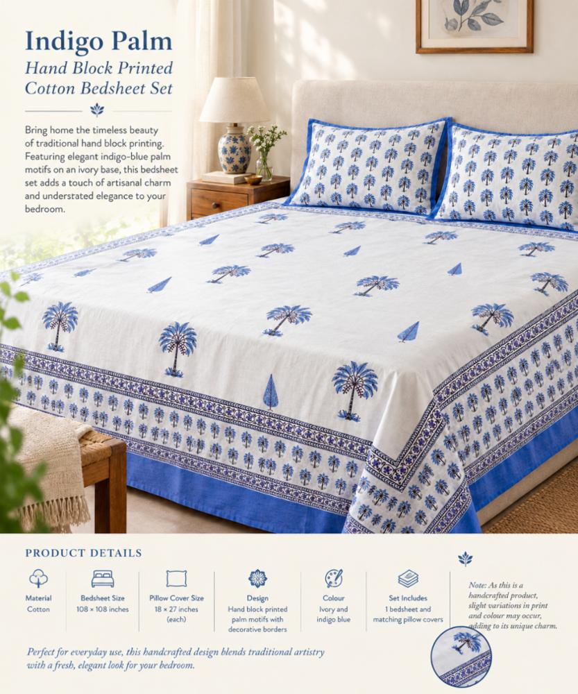 Blue Palm Tree Hand Block Printed Jumbo Cotton Bedsheet Set (108 × 108 Inches)