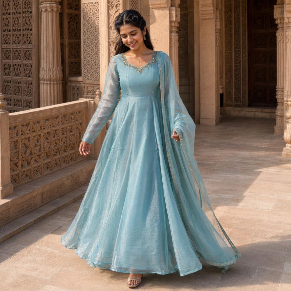Faux Silk Embroidered Women's Gown Set 