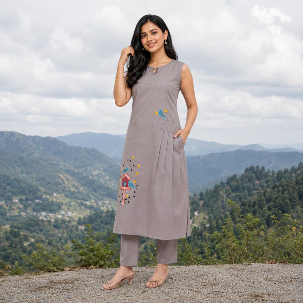 Grey Heavy Roman Embroidered Straight Kurta Pant Set