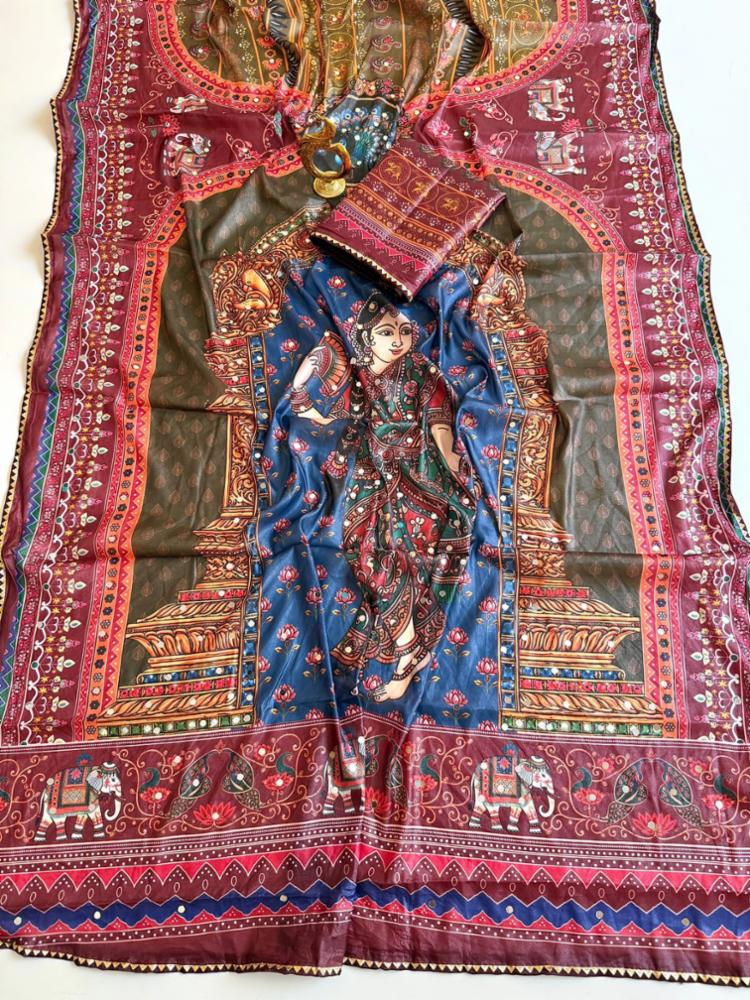 Trending Chocolate Silk Saree with Heritage Prints & Real Mirror Work