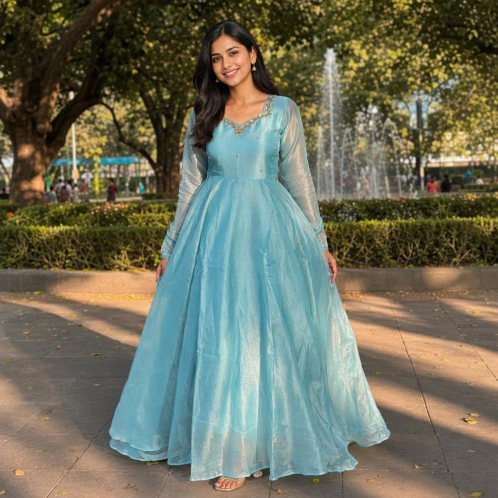 Rangoli Silk Gown with Designer Bead Work & Dupatta