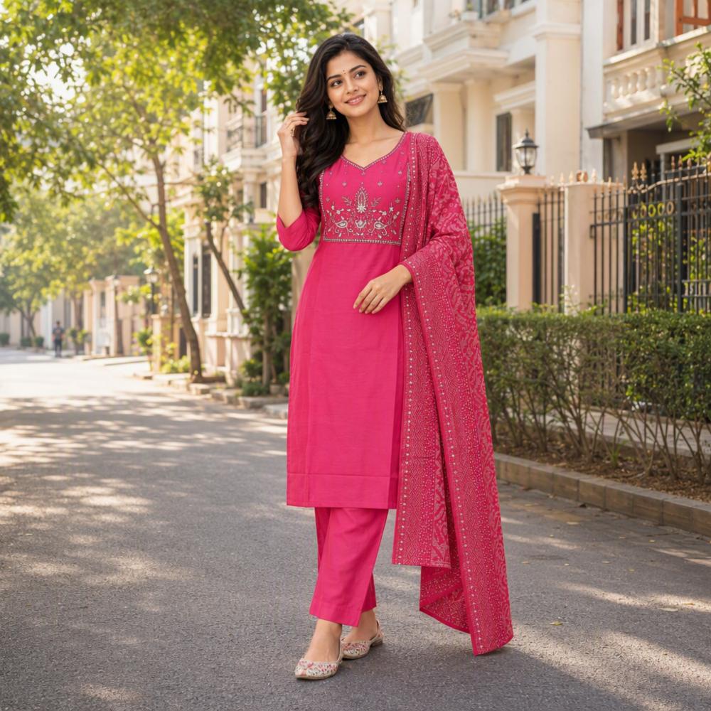 Bamboo Cotton Embroidered Kurti Set with Pant