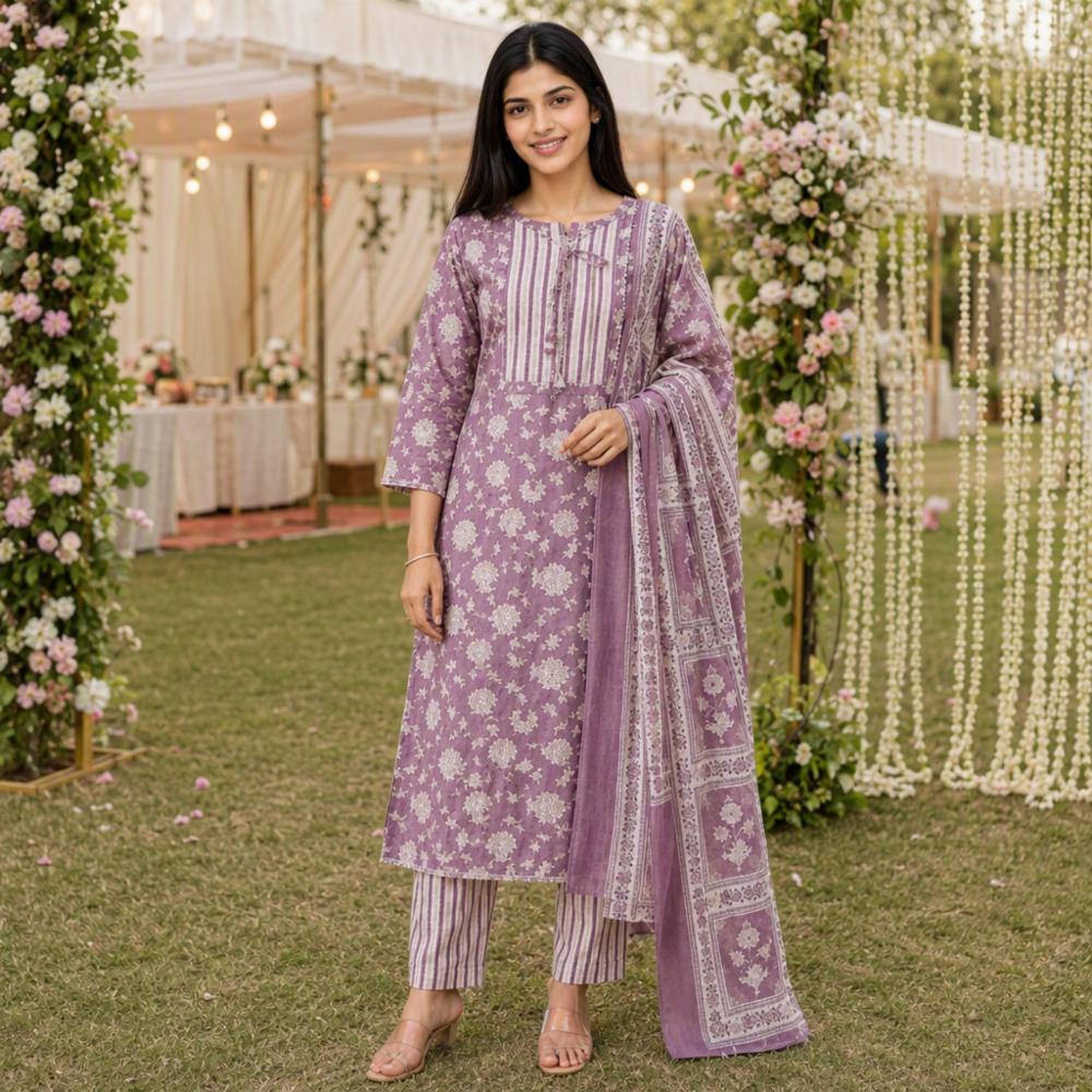 Cotton Unstitched Suit with Neck Design and Printed Dupatta