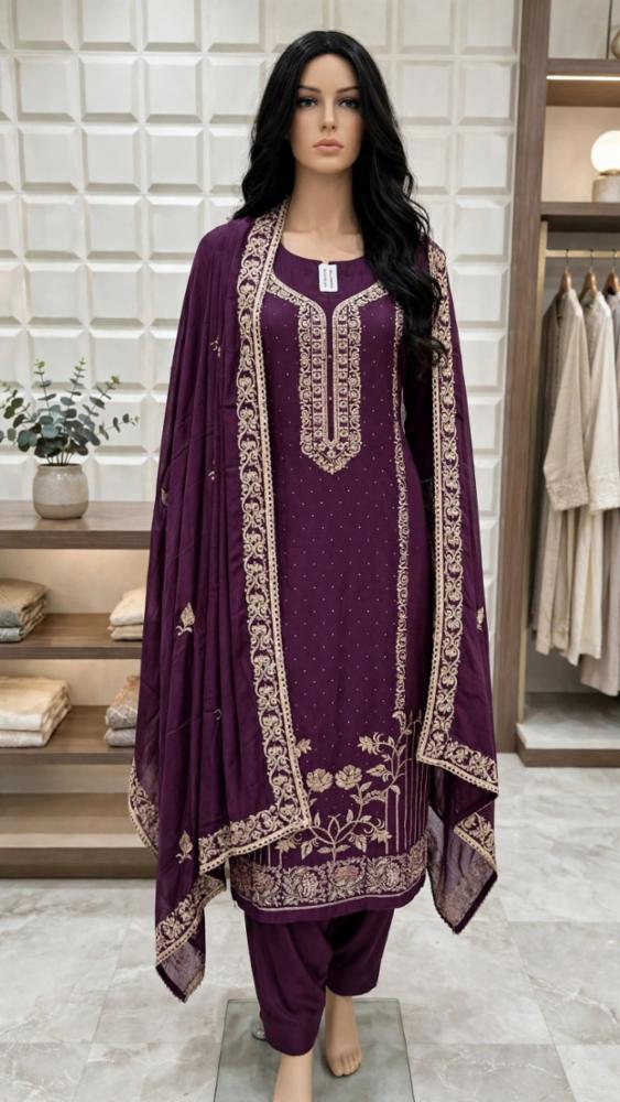 Designer Unstitched Vichitra Silk Cotton Suit Material with Heavy Embroidery