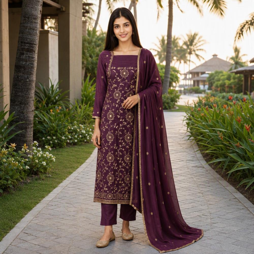 Embroidered Unstitched Cotton Suit With Chiffon Dupatta