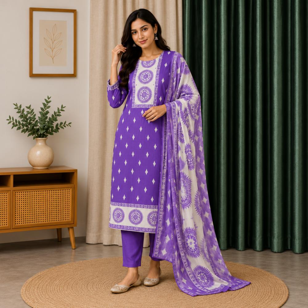 Cotton Unstitched Suit with Printed Shirt, Plain Bottom, and Printed Dupatta