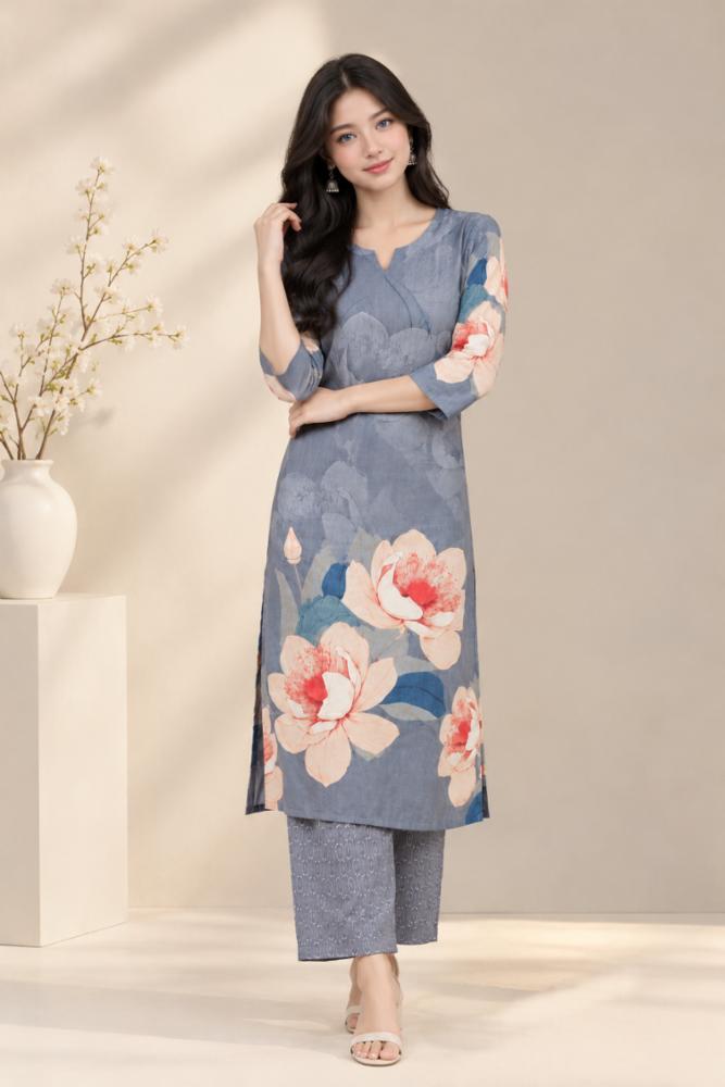 Women's Pure Cotton Floral Digital Print 2-Piece Kurta Pant Co-Ord Set