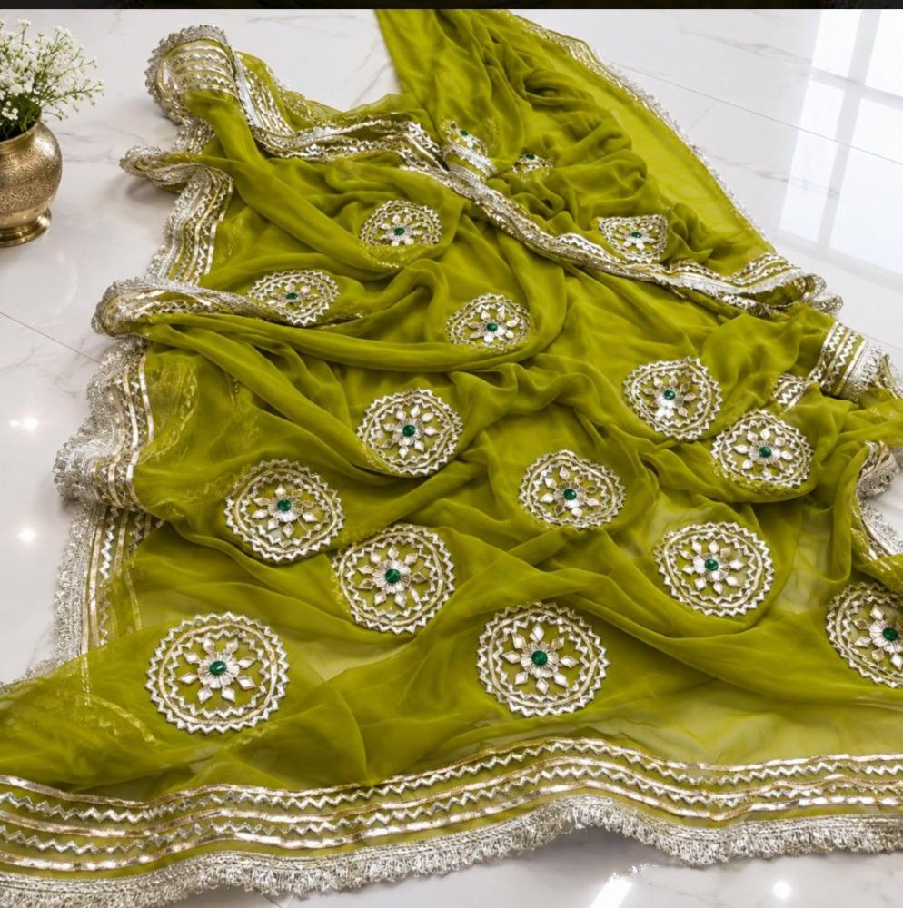 Red Royal Georgette Saree with Golden Lace Border and Embellished Motifs