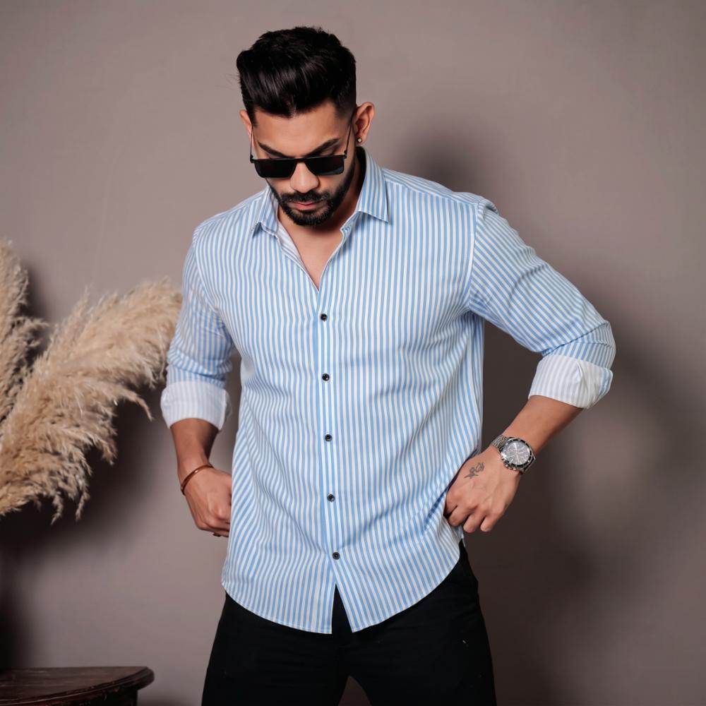 Men's Blue Cotton Blend Striped Shirt