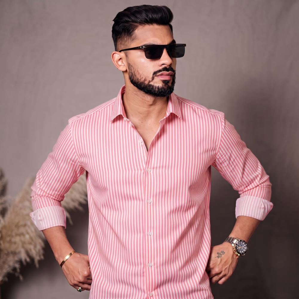 Men's Pink Cotton Blend Striped Shirt