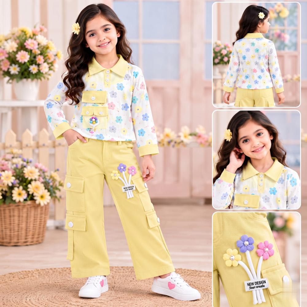 Girlsâ Yellow Floral Top & Cargo Jeans Set â Stylish 2-Piece Western Outfit