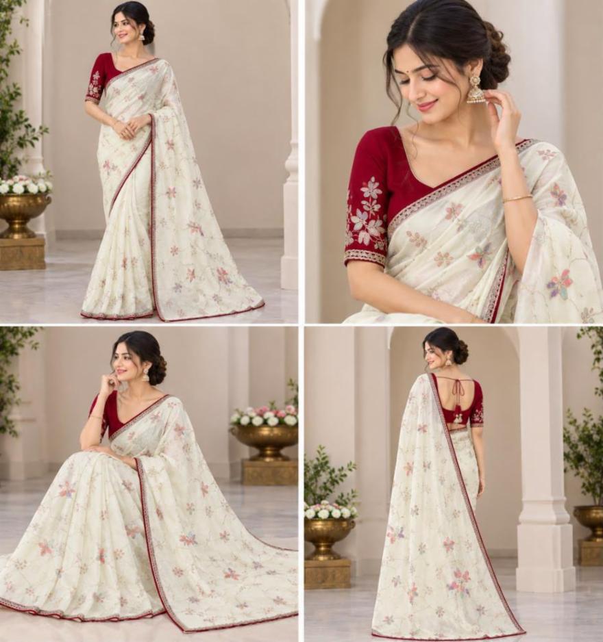 Frandy Satin Rainbow Sequin Work Saree With Blouse