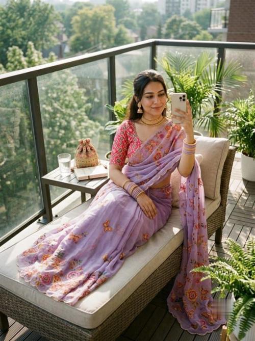 Rangoli Crushed Saree with Hand Cutdana Khatli Border and Running Blouse
