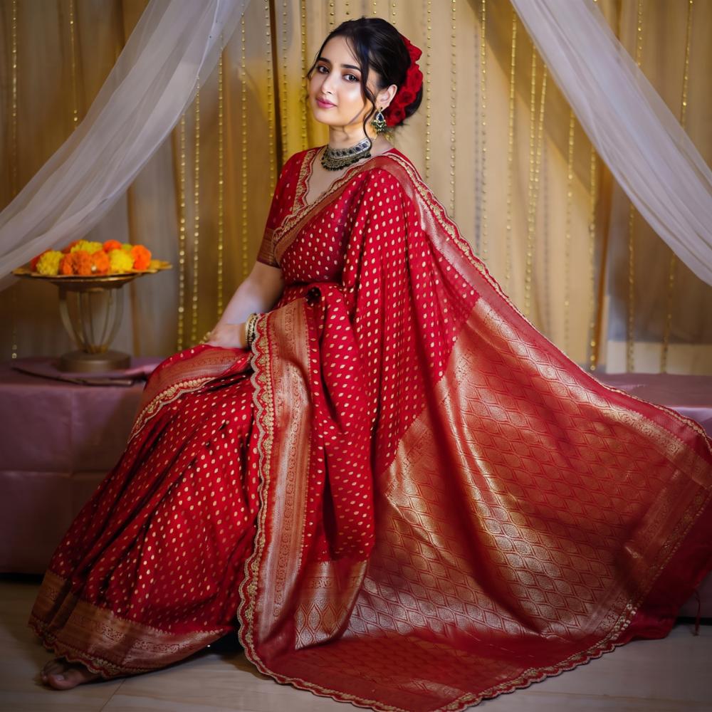 Pure Khaddi Georgette Designer Saree with Sabyasachi Scallop Kanchi Borders & Butti Blouse