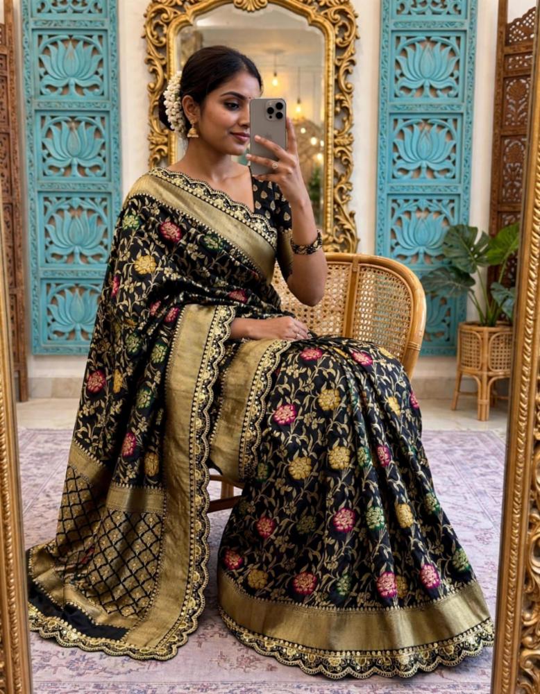 Pure Khaddi Dola Saree with Meenakari Flower and Gold Zari Weaving Border