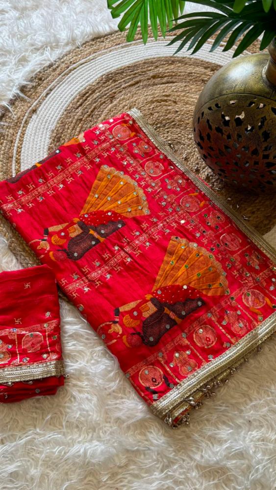 Red Gaji Silk Saree with Real Mirror Work and Heavy Moti Border