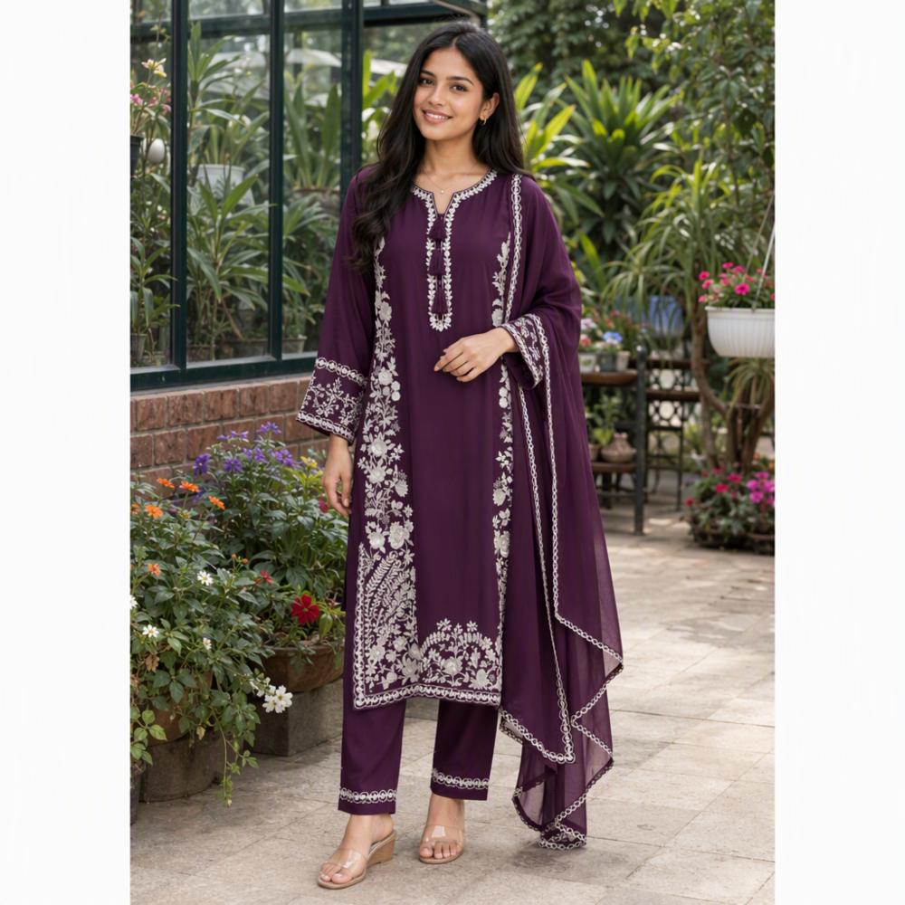 Pakistani-Inspired Reyon Cotton Satin Embroidered Kaftan 3-Piece Suit Set