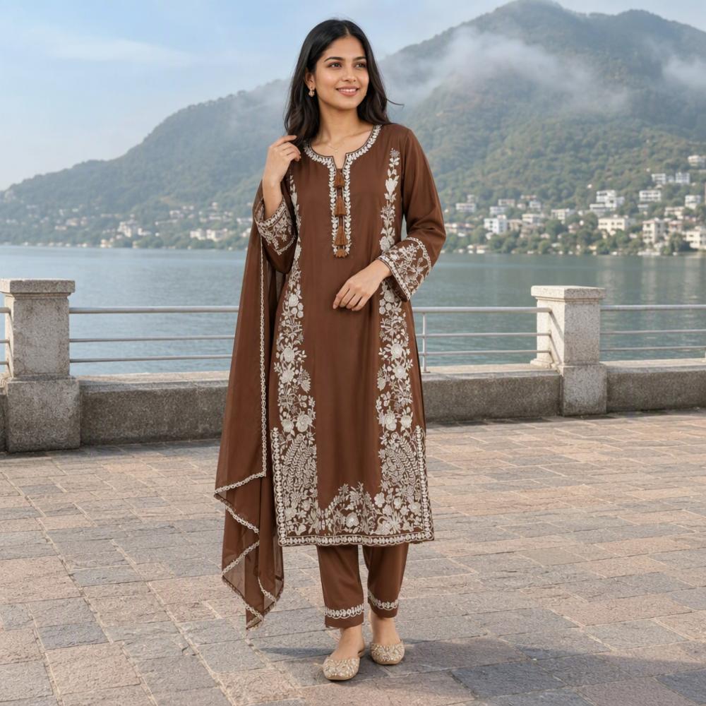 Premium Kaftan Suit Set with Heavy Embroidery & Lace Border Dupatta