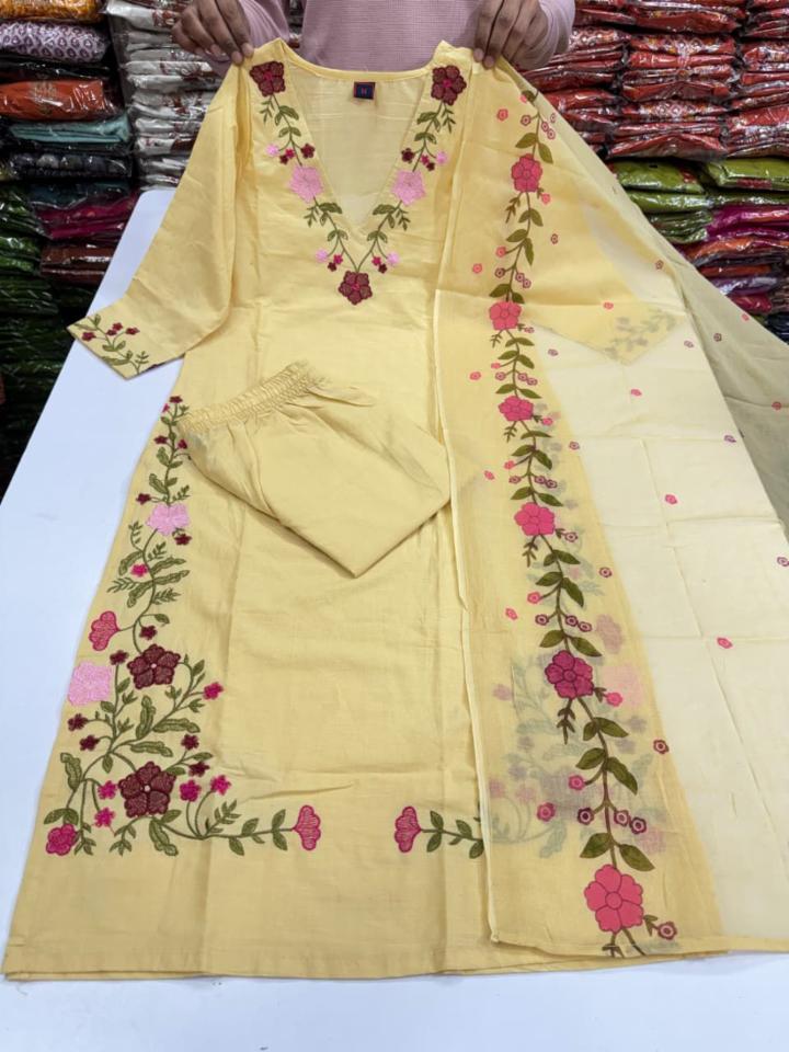 Premium Cotton 3-Piece Jaipuri Embroidered Kurti Pant Set 