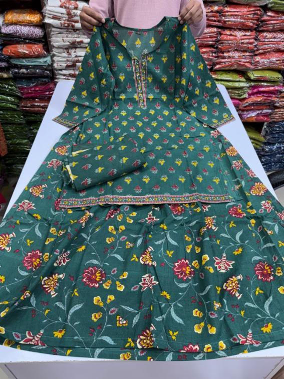 Premium Cotton 3-Piece Jaipuri Printed Top & Skirt Set with Dupatta