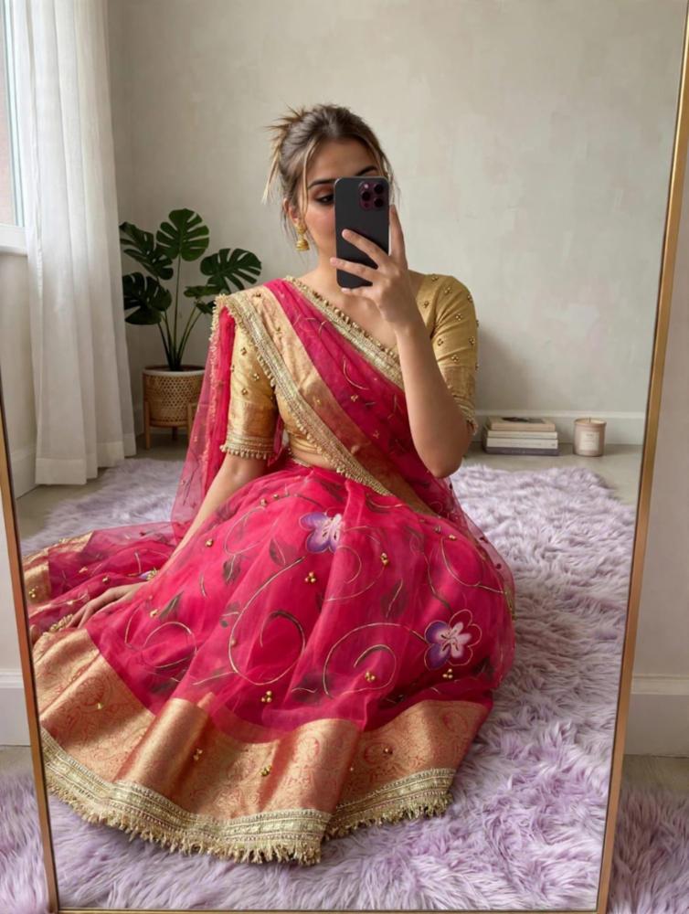 Organza Silk Brush Print Saree with Banarasi Border and Ghungroo Butti