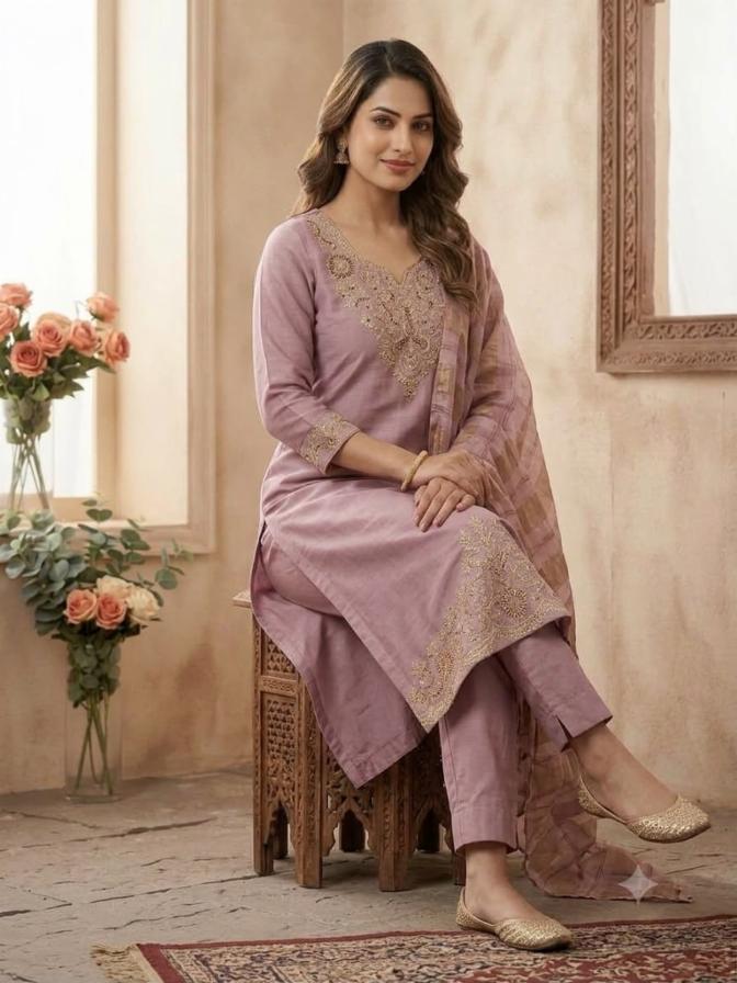 Lavender Embroidered Kurti, Pant & Dupatta Set
