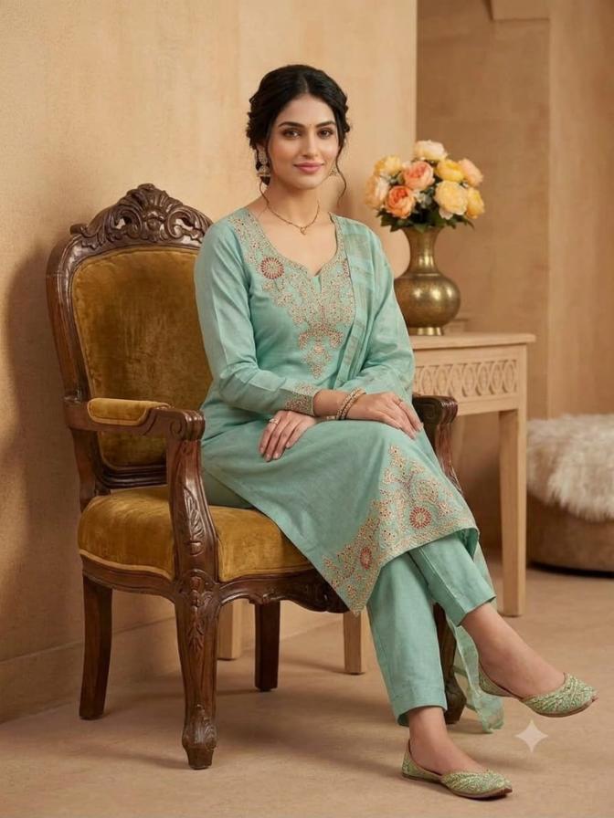 Mint Green Glass Roman Silk Kurti, Pant & Chanderi Dupatta Set