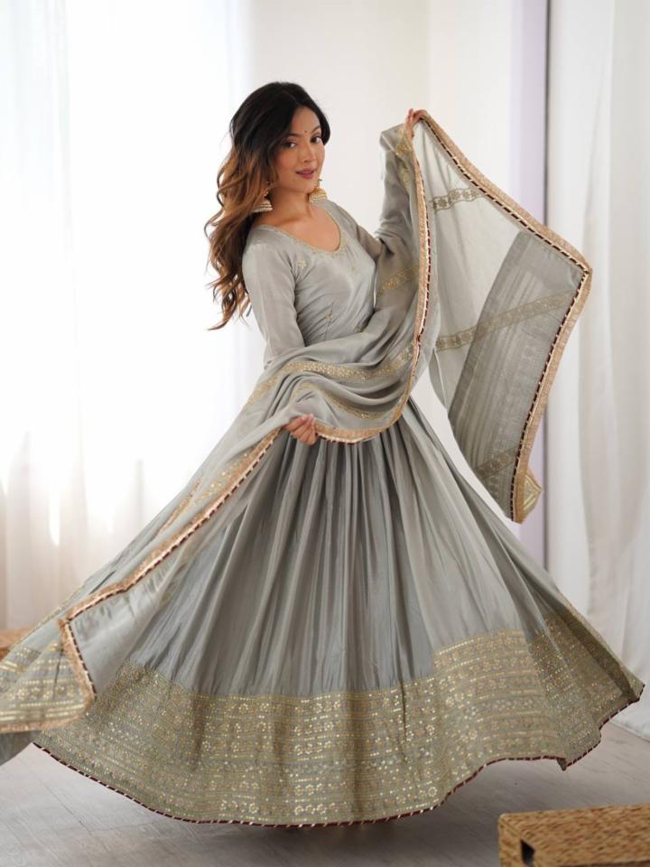 Chinon Gown, Pant and Dupatta Set