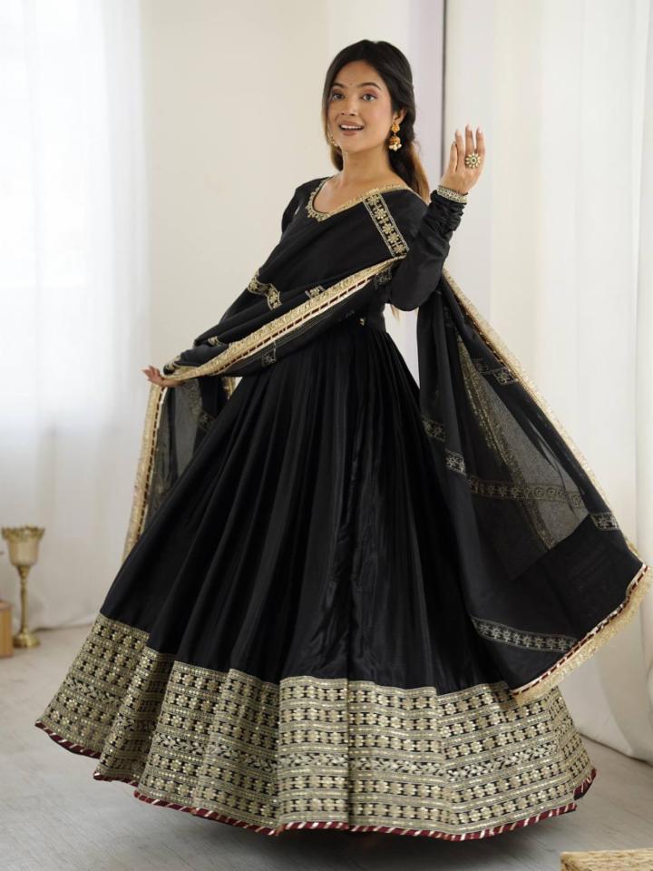 Chinon Gown, Pant and Dupatta Set with Thread and Sequin Work