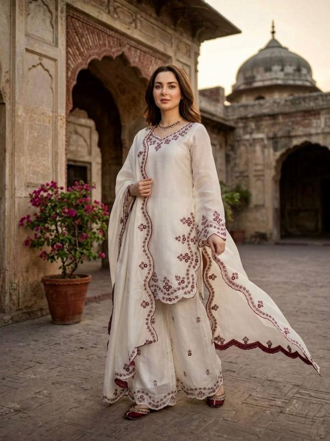 JMC Silk Suit, Plazo & Dupatta Set with Thread Work