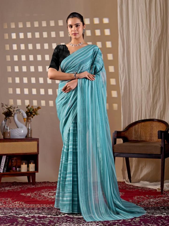 Aqua Blue Monsoon Saree with Stripes and Blouse Piece