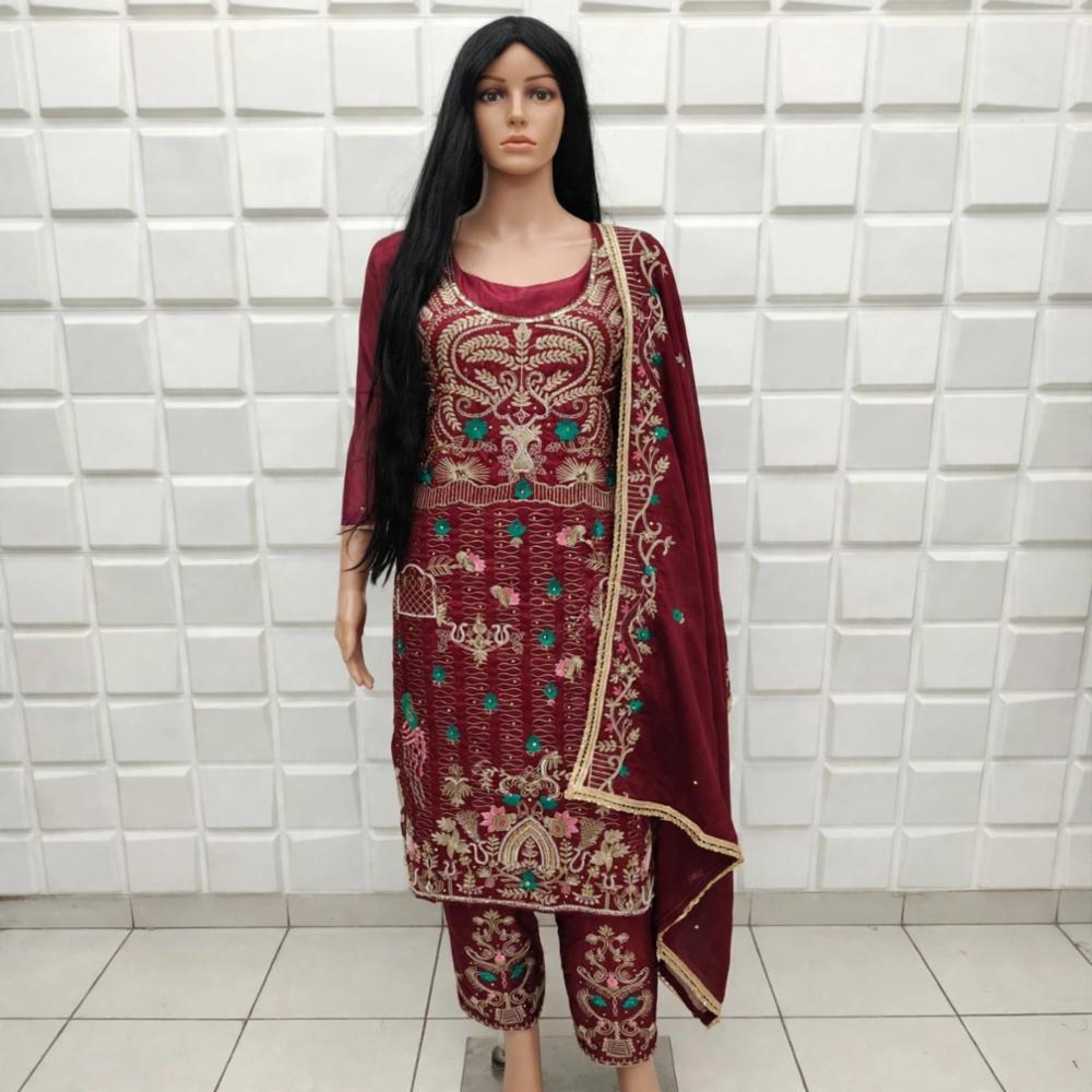 Heavy Embroidery Silk Unstitched Suit with Embroidered Dupatta 