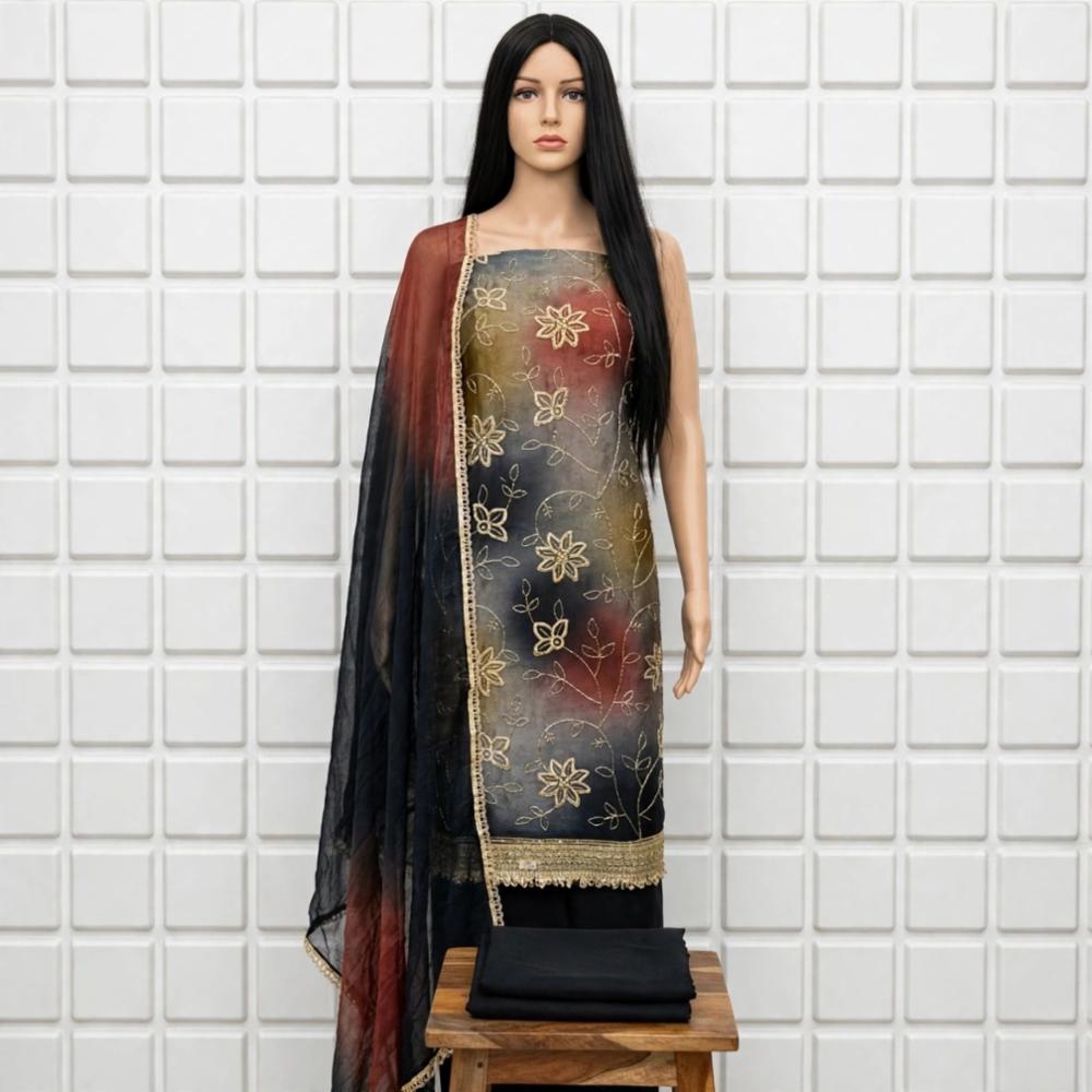 Unstitched Crush Silk Embroidered Suit Set with Cotton Bottom and Chiffon Dupatta