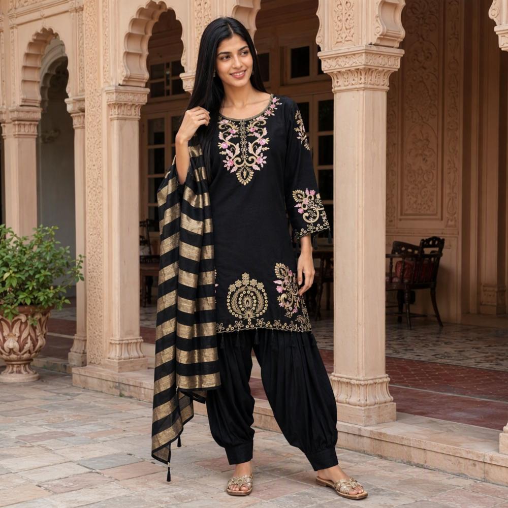 Black Stitched Farshi Suit with Thread Embroidery, Silk Fabric