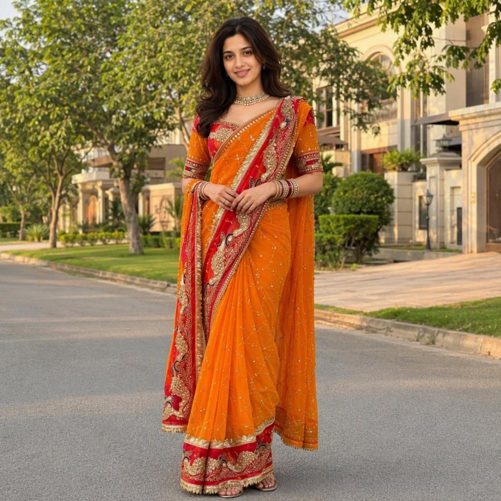 Royal Orange & Red Thakur Ji Georgette Saree with Sequin Work and Designer Lace