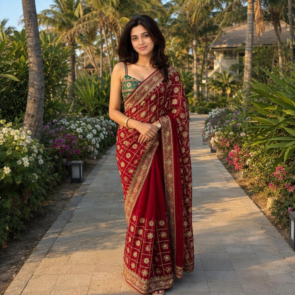 Maroon Royal Georgette Saree with Golden Sequin Work & Designer Border