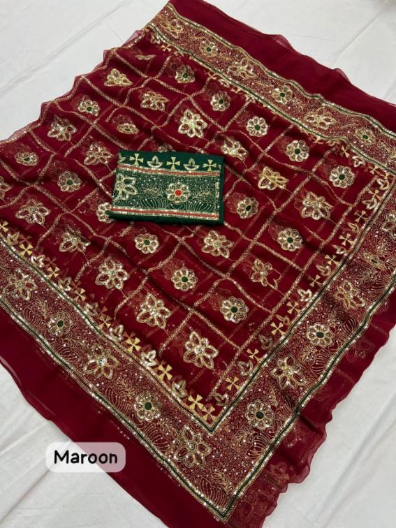 Premium Maroon Royal Georgette Saree with Golden Sequin Work 
