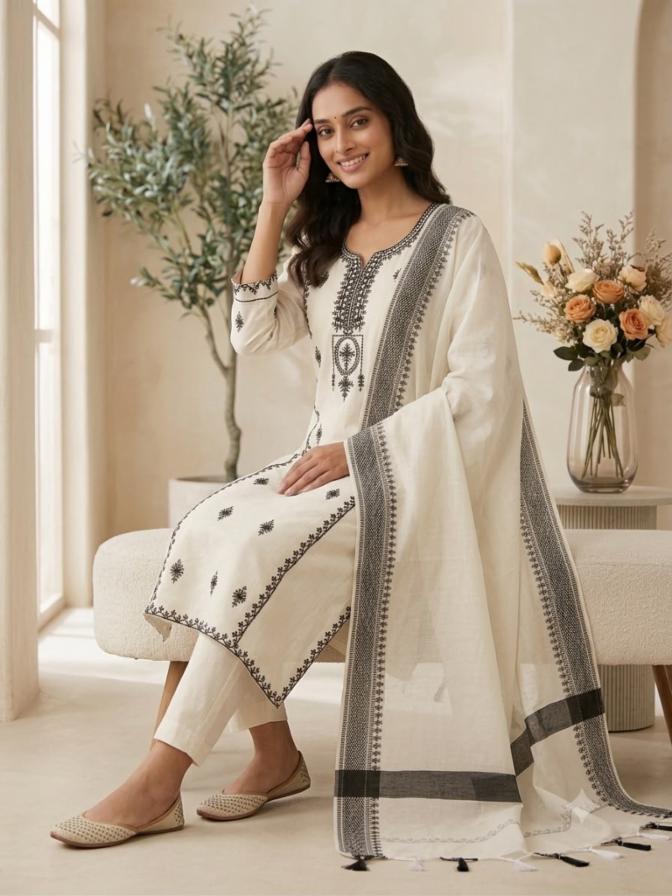 Khadi Cotton Kurti Pant Dupatta Set with Embroidery