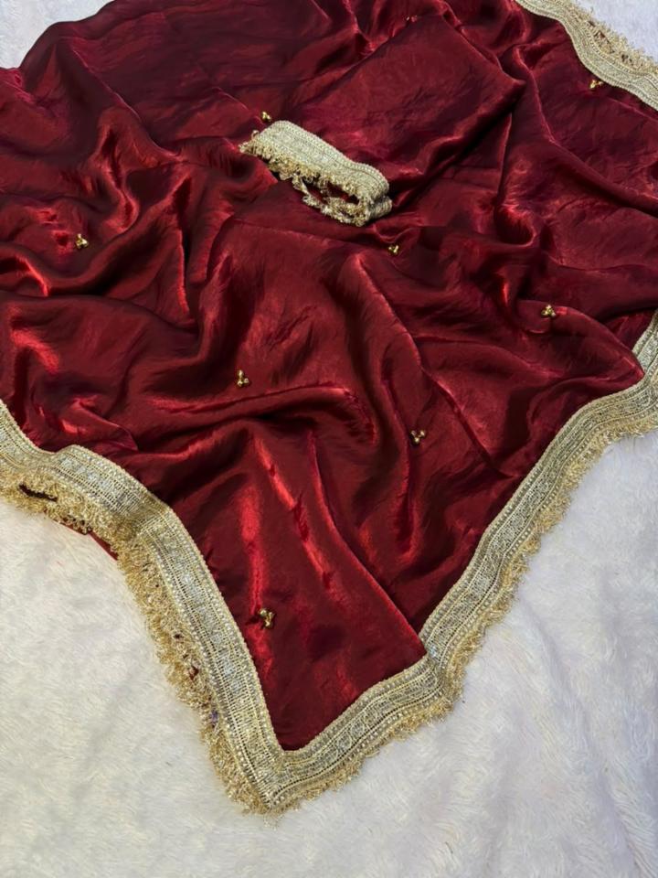 Premium Fendy Satin Silk Saree with Ghunghroo Handwork & Designer Lace Border