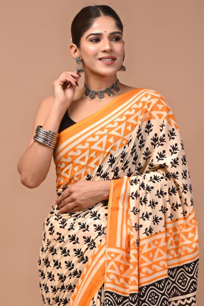 Bagru Block Print Pure Cotton Mulmul Saree