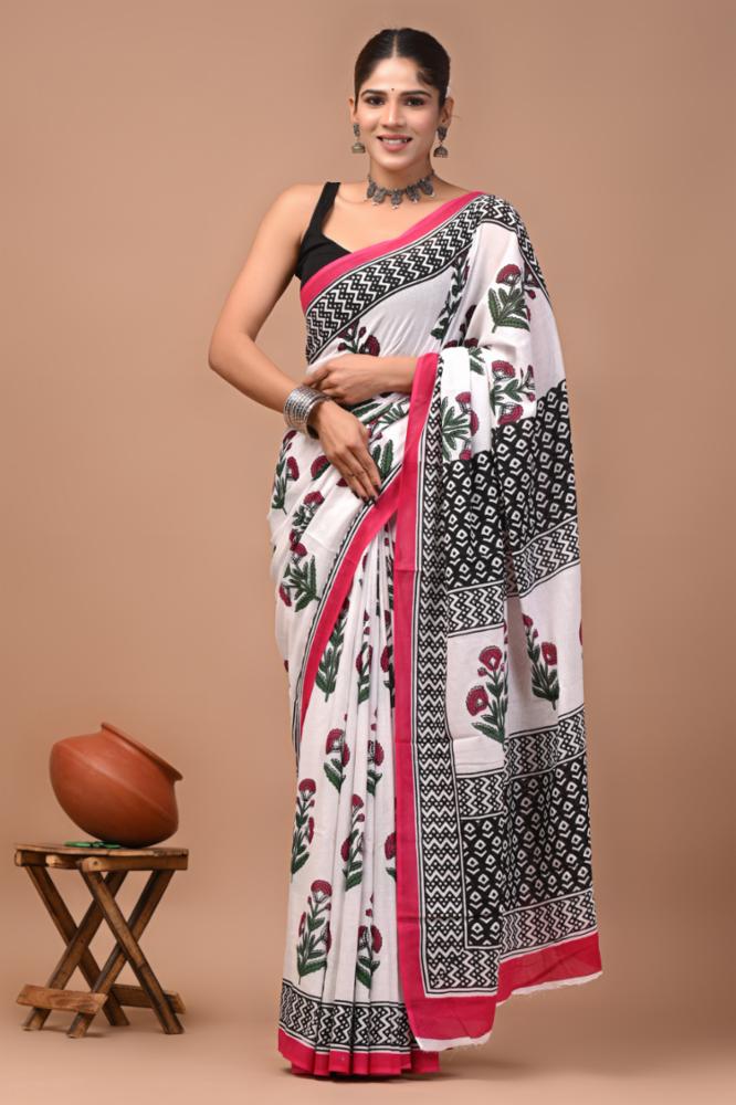 Bagru Block Print Pure Mulmul Cotton Saree 