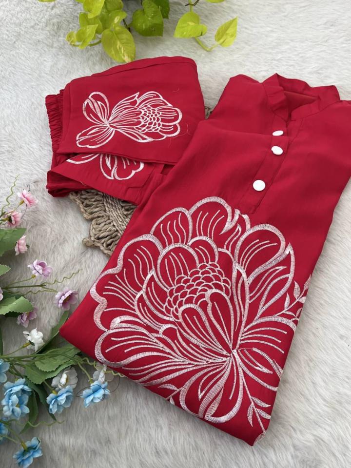 Pink Roman Silk Embroidery Co-ord Set