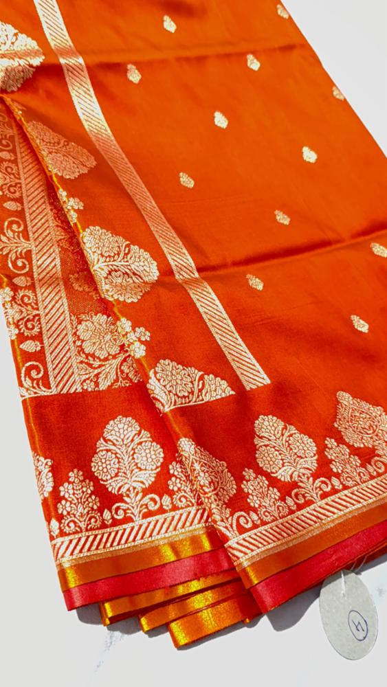 Premium Banarasi Dhoop Chaon Saree in orange and gold colour