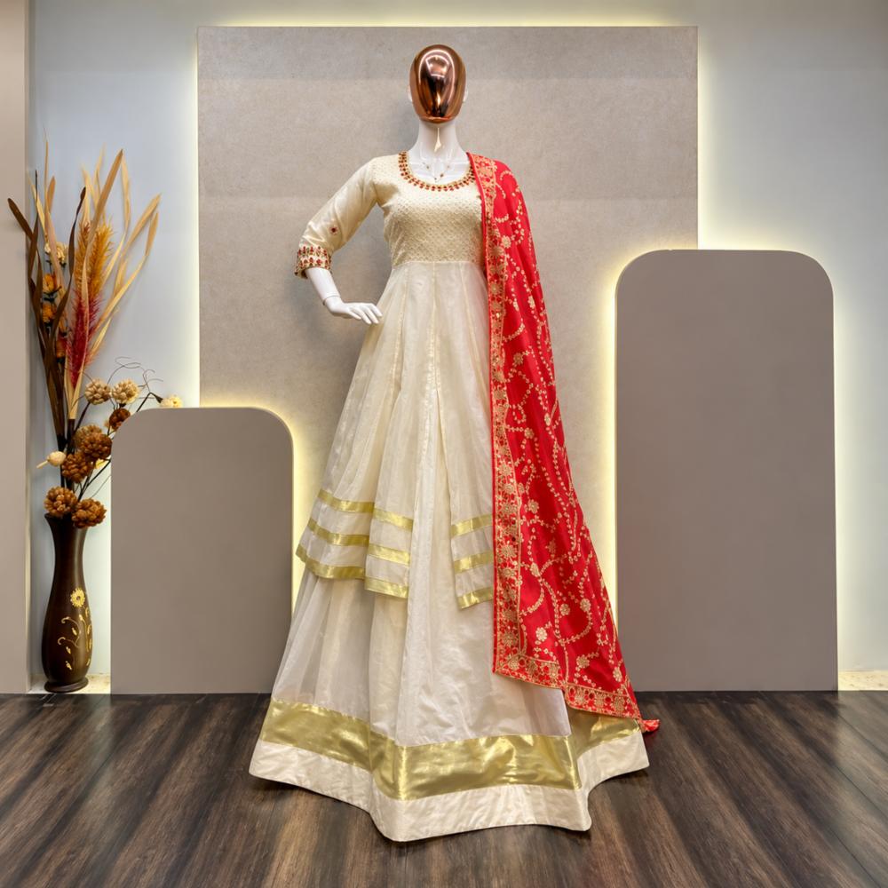 Rajwadi Silk Lehenga Choli with Embroidery and Printed Dupatta