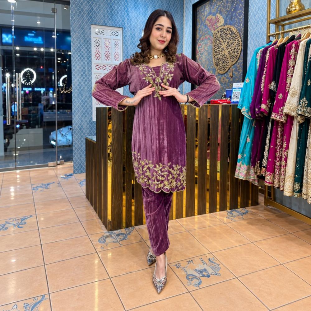 Velvet Embroidery Kurti Set with Pant